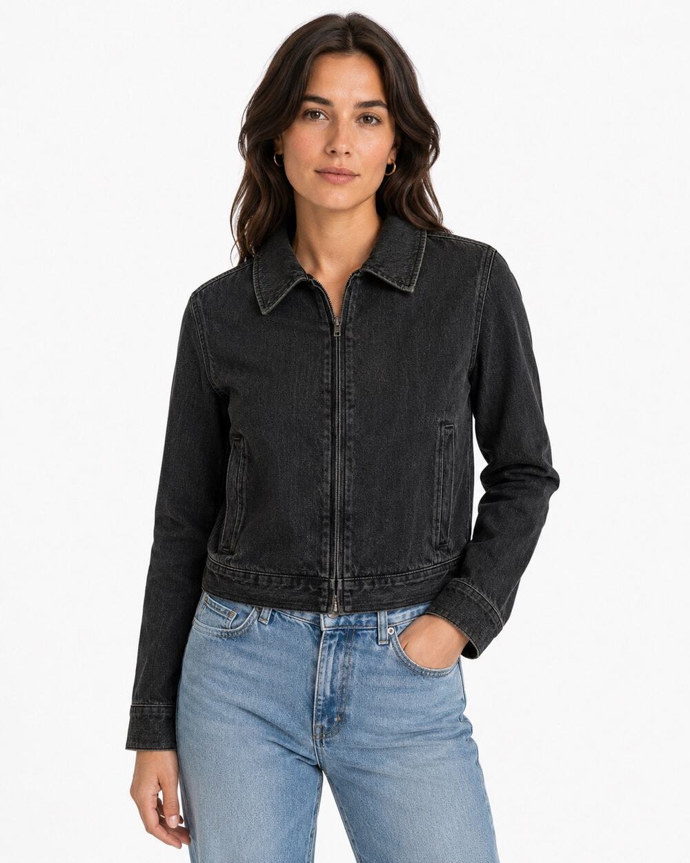 LOFT Jeans Women’s 8 Black Denim Jacket Zip Front Cropped Trucker Cotton